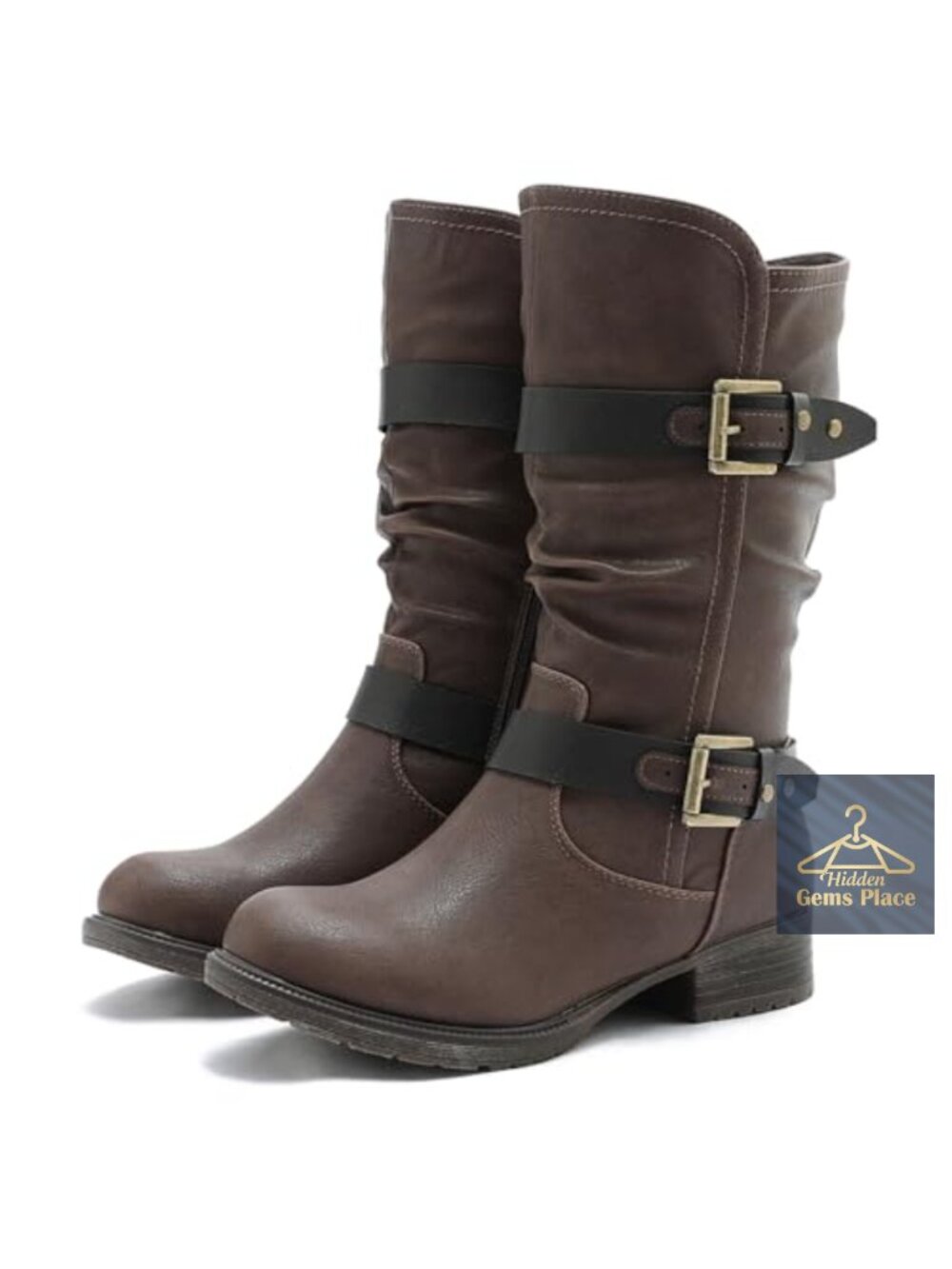 Faux Leather Mid Calf Moto Boots With Buckle Straps And Side Zipper